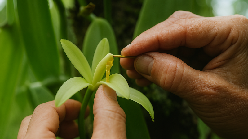 Pollinisation manuelle d'une fleur de vanille